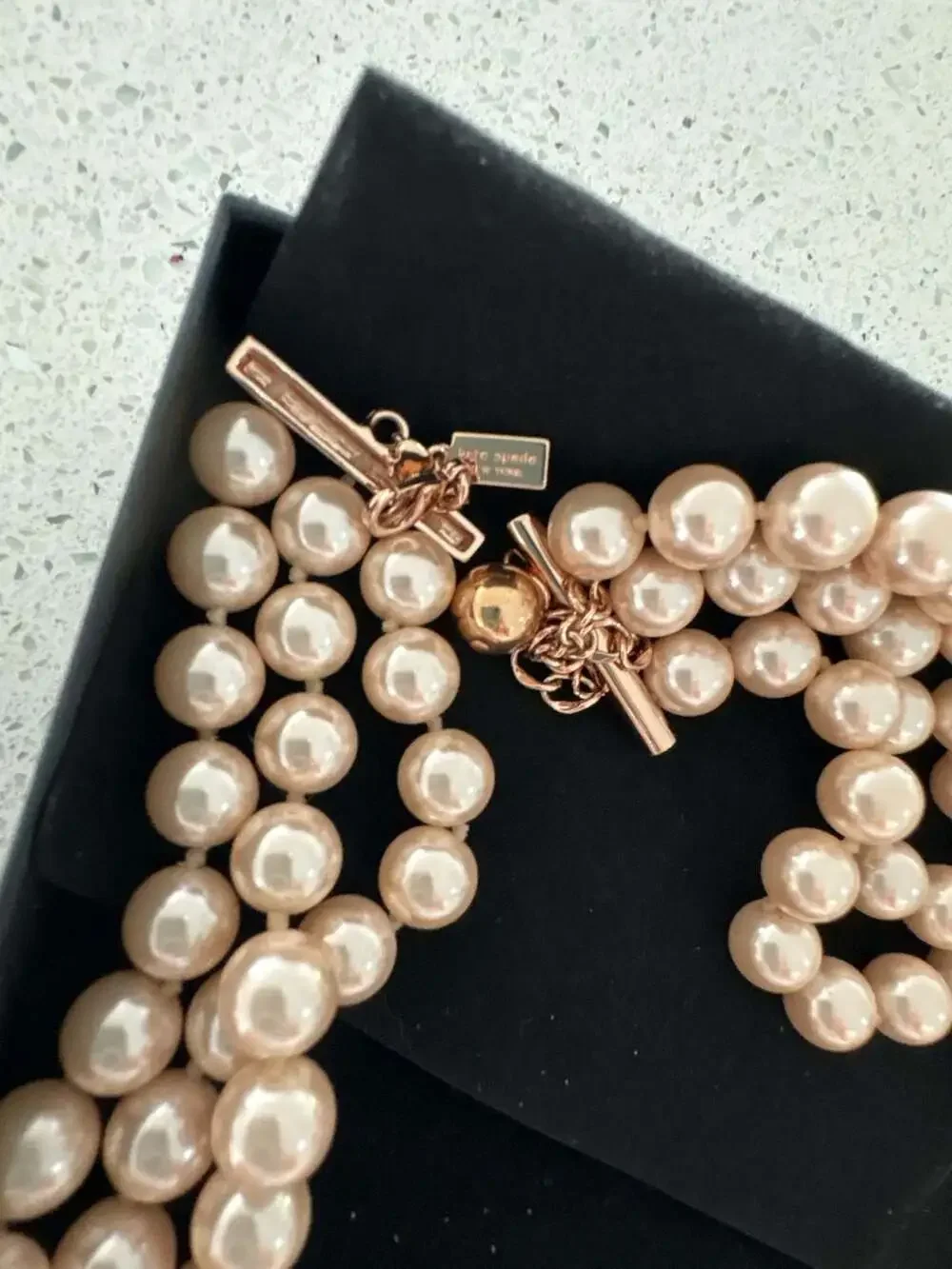 Kate Spade Moon River Triple Strand Pink Faux Pearl Necklace with Rose Gold Embe